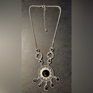 Silver Tone Bohemian Medallion Black Rhinestone Dangling Drop Penndant Necklace